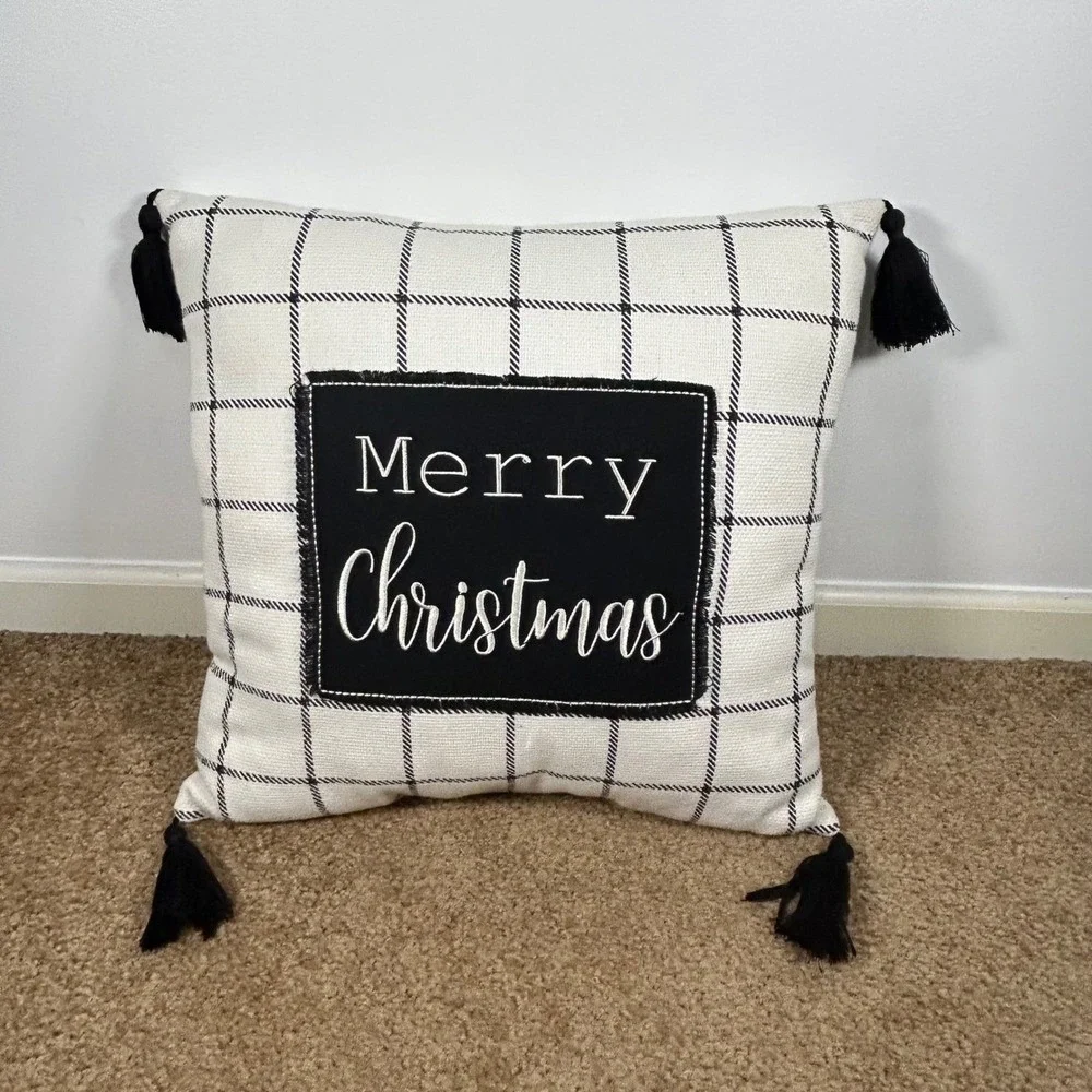 Merry Christmas Black and Cream Plaid Decorative Throw Pillow with Tassels 18x18